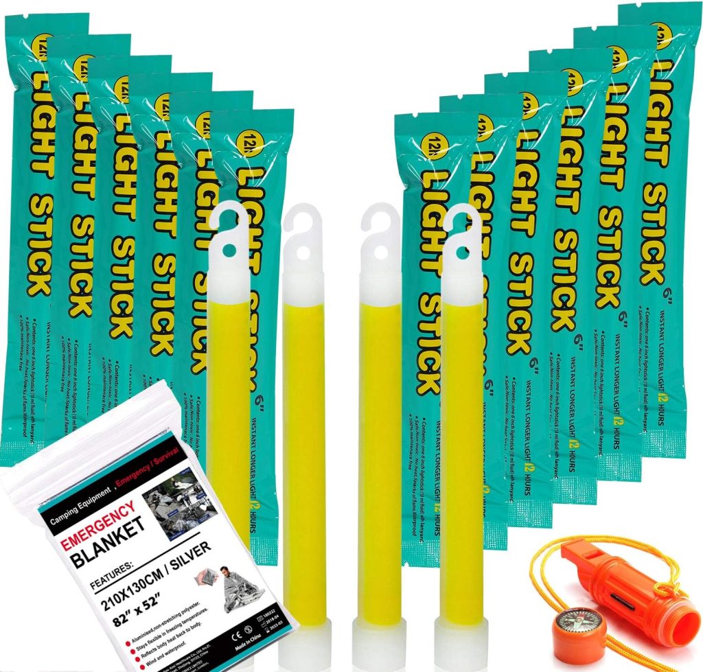 12 Ultra Bright Glow Sticks + Bonus Emergency Blanket and Survival Whistle - Emergency Light Sticks for Camping, Hiking, Outdoor, Survival Kit and More - Lasts Over 12 Hours