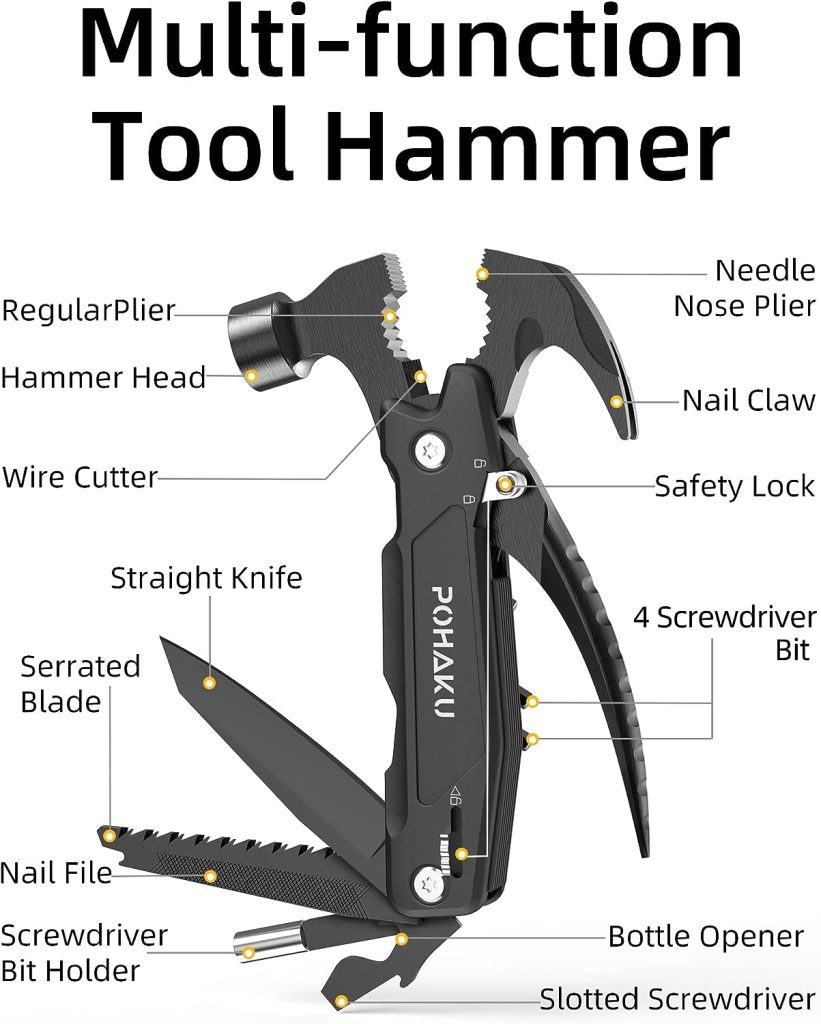 14-in-1 Multitool Hammer, Pohaku Multitool with DIY Stickers, Safety Lock, Screwdriver Bits Set and Durable Nylon Sheath, Multi Tool for Outdoor, Camping, Ideal Gifts for Father, Husband, Boyfriend