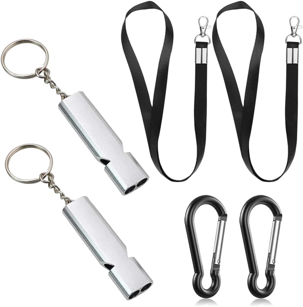 2PCS Emergency Whistles Lifeguard Safety WhistleSignaling Loud Survival Whistle,with Carabiner and Lanyard Double Tube Survival Whistle for Camping/Hiking/Outdoor Activities