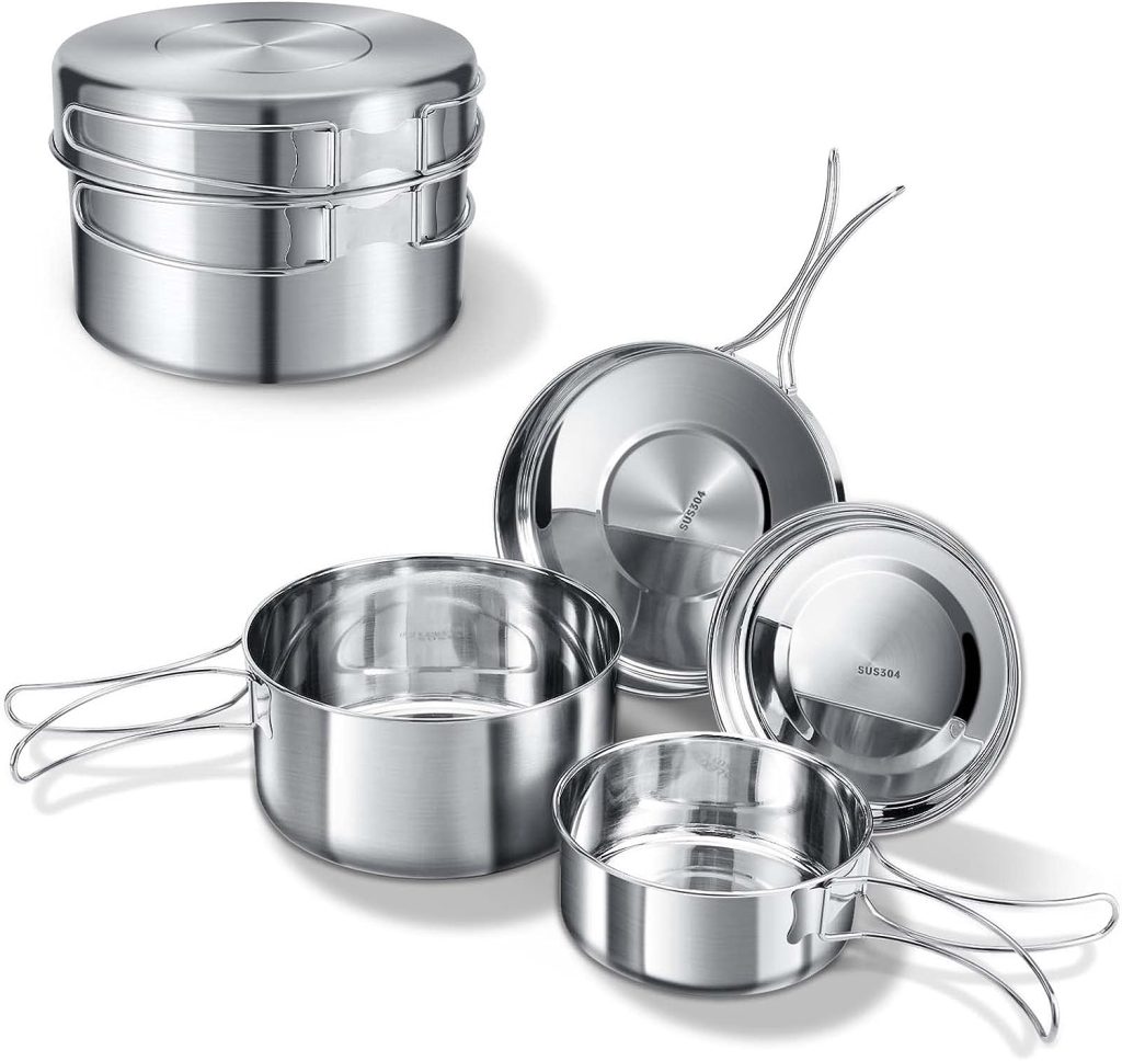 4-Piece Camping Cookware Set Made of 304 Stainless Steel Camping Pot Pan Set Outdoor Cookware Camping Pot Set for Camping Hiking Picnic