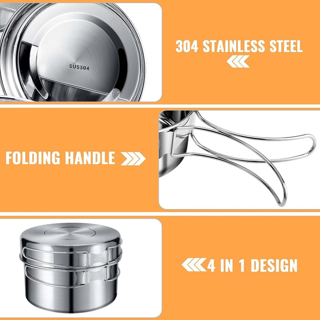 4-Piece Camping Cookware Set Made of 304 Stainless Steel Camping Pot Pan Set Outdoor Cookware Camping Pot Set for Camping Hiking Picnic