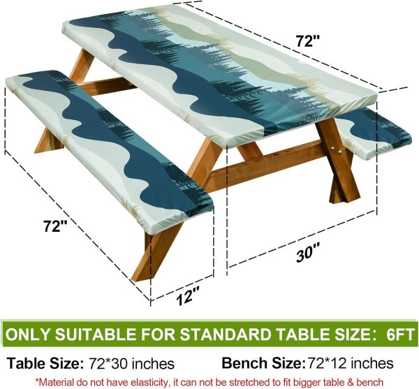 Green Blue Picnic Table Cover with Bench Covers Camping Essentials Waterproof Windproof Camping Tablecloth - Image 5