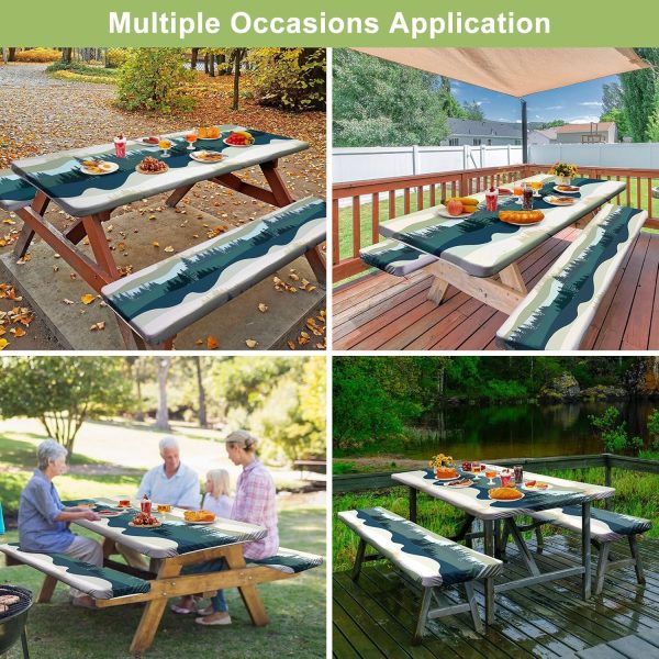 Green Blue Picnic Table Cover with Bench Covers Camping Essentials Waterproof Windproof Camping Tablecloth - Image 3