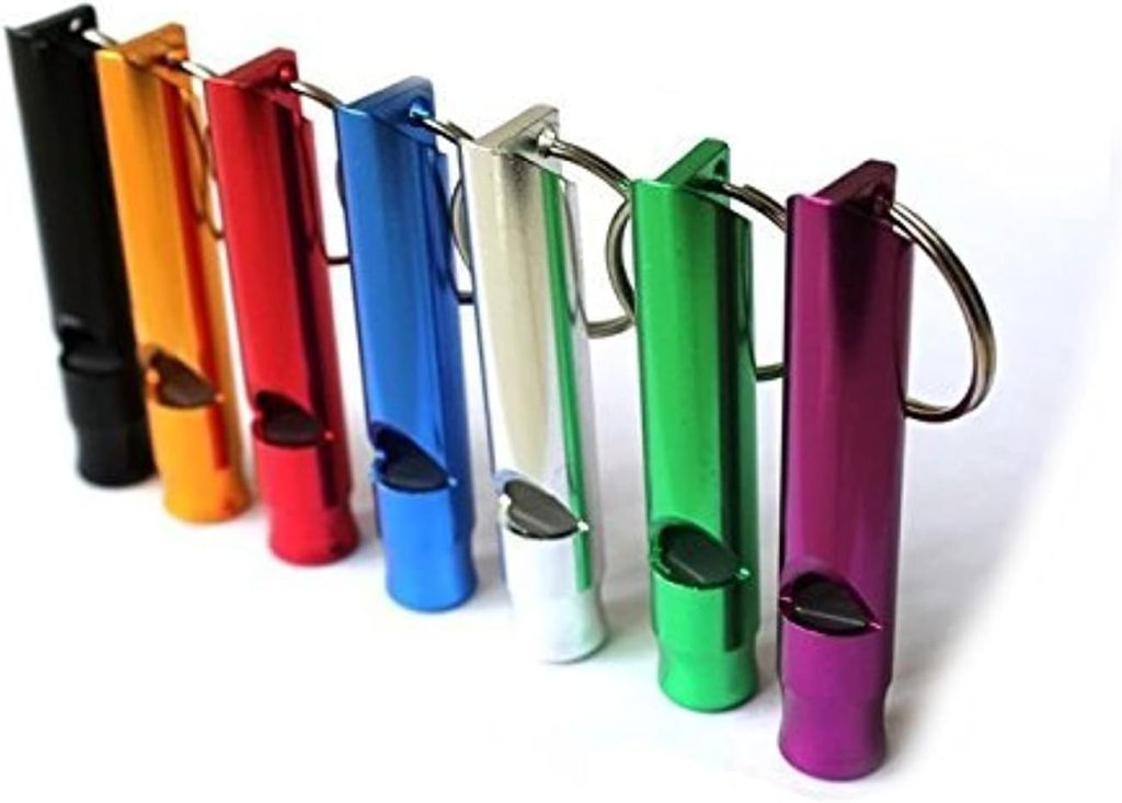 A Set of 5 Extra Loud Whistles for Camping Hiking Hunting Outdoors Sports and Emergency Situations, Sturdy but Light Aluminium Key Chain Signals of Different Colors - by Homey Product