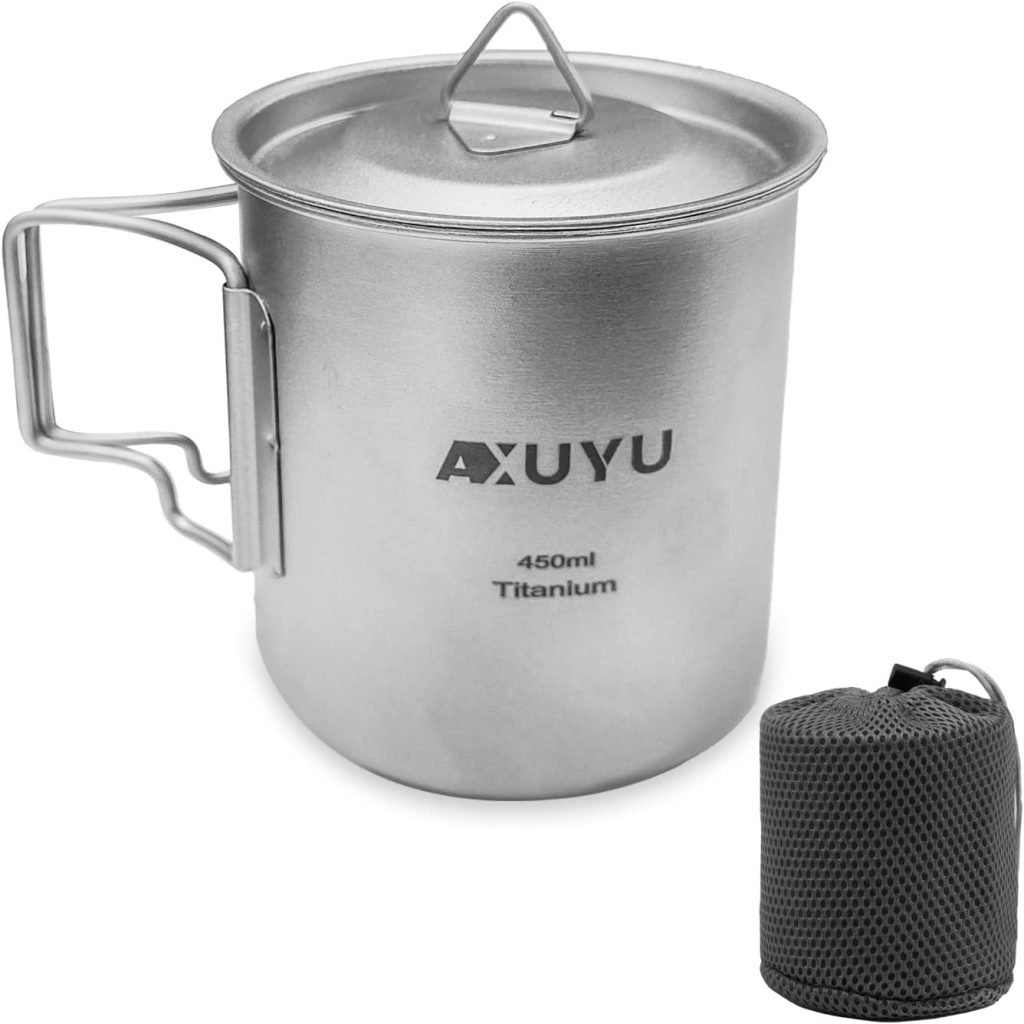 AXUYU 450ml Titanium Cup/Pot Camping Coffee Mug with Lid and Foldable Handle for Outdoor Camping Hiking Backpacking