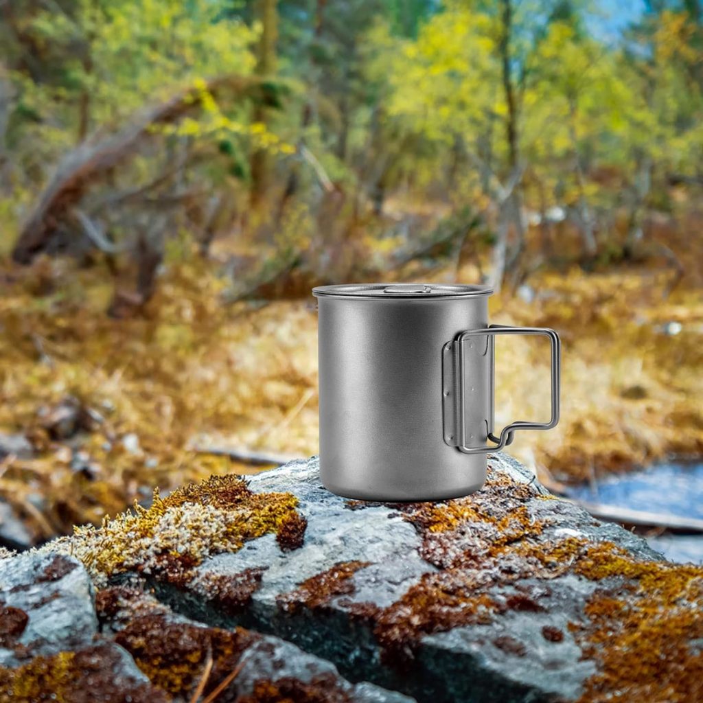 AXUYU 450ml Titanium Cup/Pot Camping Coffee Mug with Lid and Foldable Handle for Outdoor Camping Hiking Backpacking