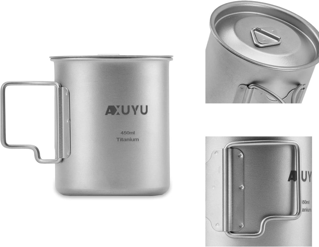 AXUYU 450ml Titanium Cup/Pot Camping Coffee Mug with Lid and Foldable Handle for Outdoor Camping Hiking Backpacking