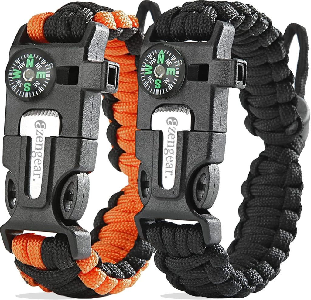 aZengear Paracord Survival Bracelet (Pair) - Compass, Flint Steel Fire Starter Ferro Rod, Mini Saw, Whistle, Adjustable Wrist Size for Camping, Emergency Kit Equipment (Black  Orange)