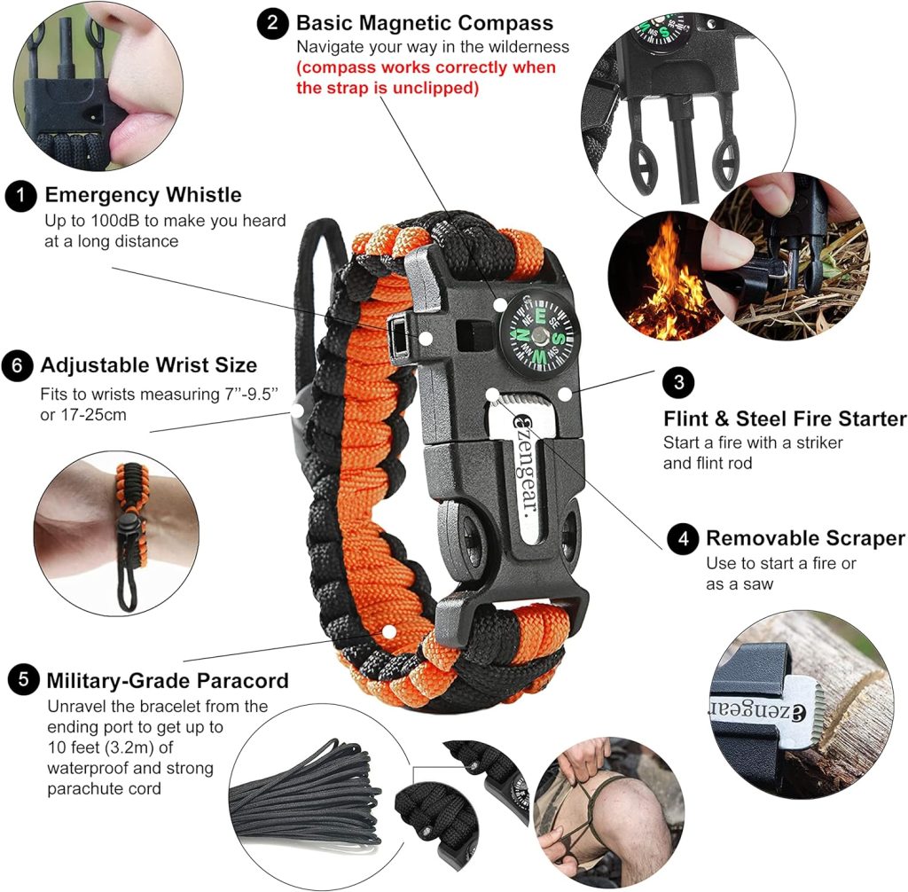 aZengear Paracord Survival Bracelet (Pair) - Compass, Flint Steel Fire Starter Ferro Rod, Mini Saw, Whistle, Adjustable Wrist Size for Camping, Emergency Kit Equipment (Black  Orange)