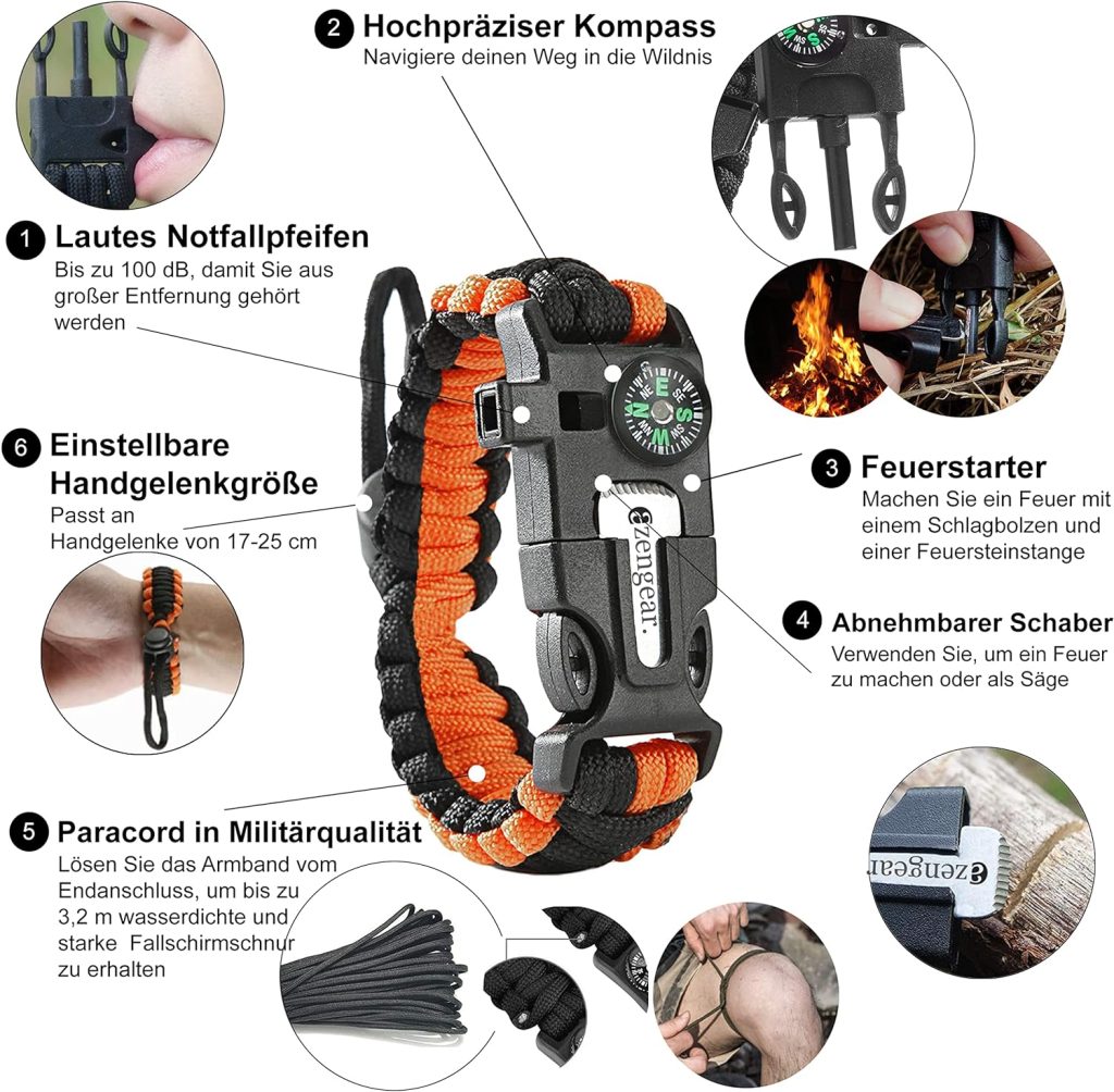 aZengear Paracord Survival Bracelet (Pair) - Compass, Flint Steel Fire Starter Ferro Rod, Mini Saw, Whistle, Adjustable Wrist Size for Camping, Emergency Kit Equipment (Black  Orange)