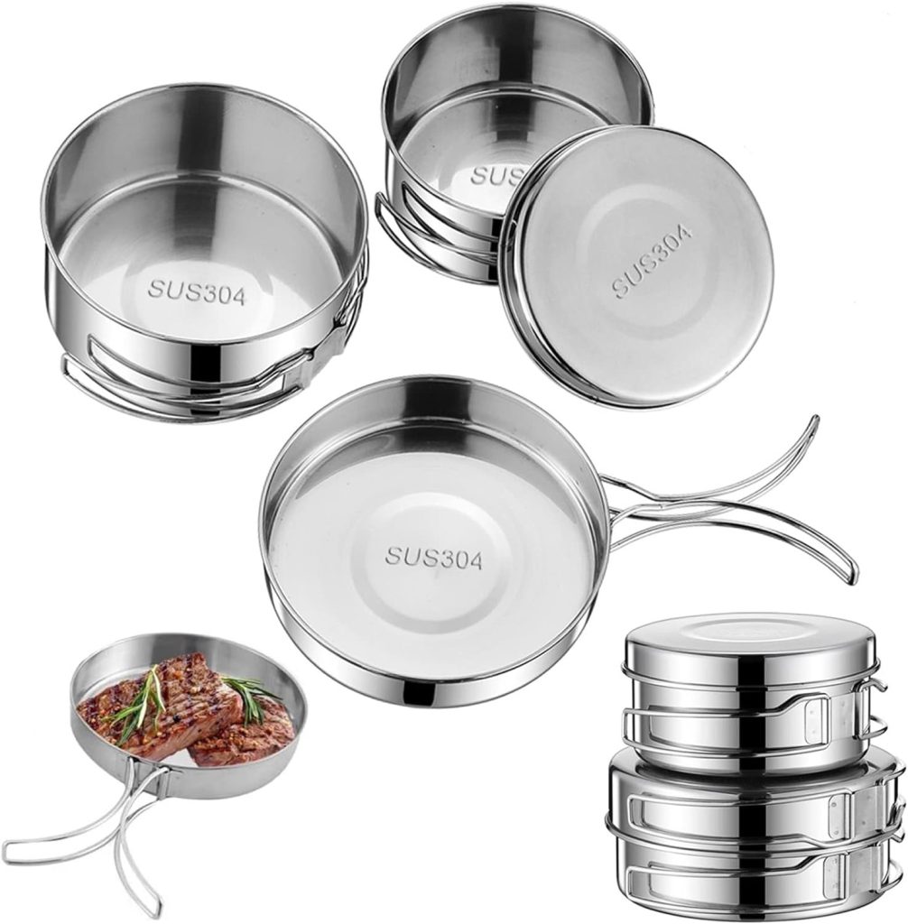 Bebochoi 4-Piece Outdoor Crockery Set, Cooking Pot Camping Cookware Set Made of 304 Stainless Steel, Foldable and Stackable Camping Pot Set, Outdoor, for Picnic, Camping, Hiking