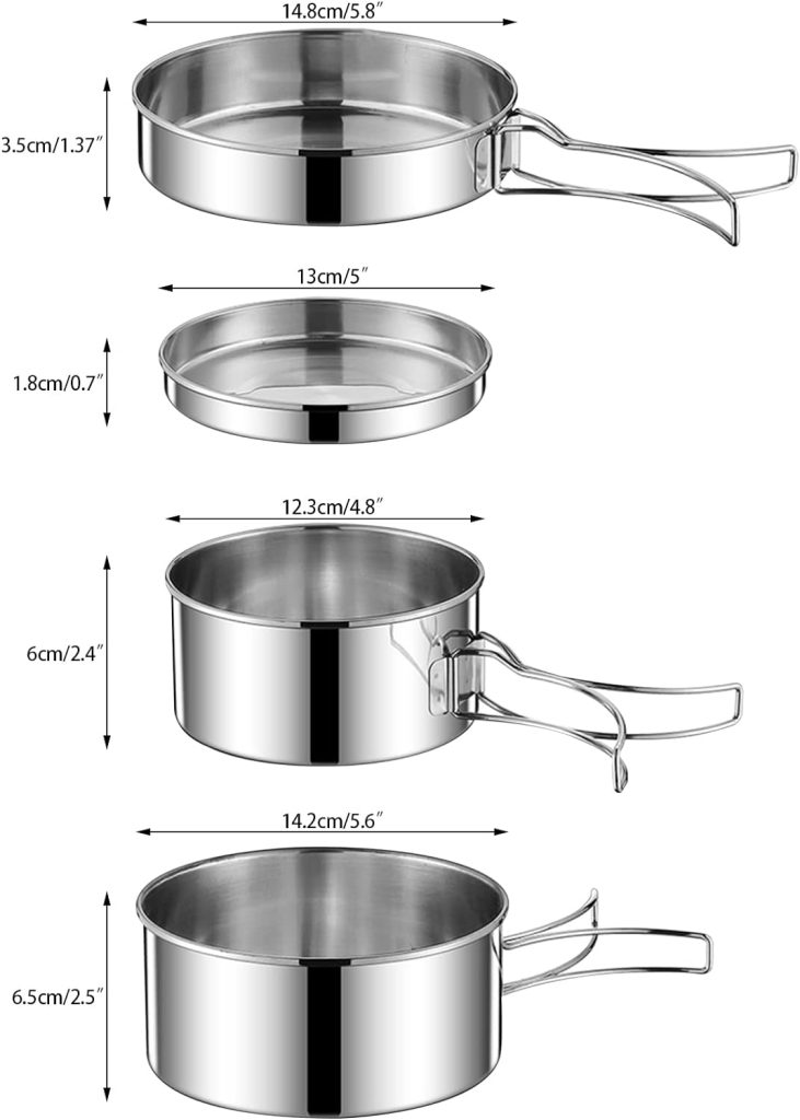 Bebochoi 4-Piece Outdoor Crockery Set, Cooking Pot Camping Cookware Set Made of 304 Stainless Steel, Foldable and Stackable Camping Pot Set, Outdoor, for Picnic, Camping, Hiking