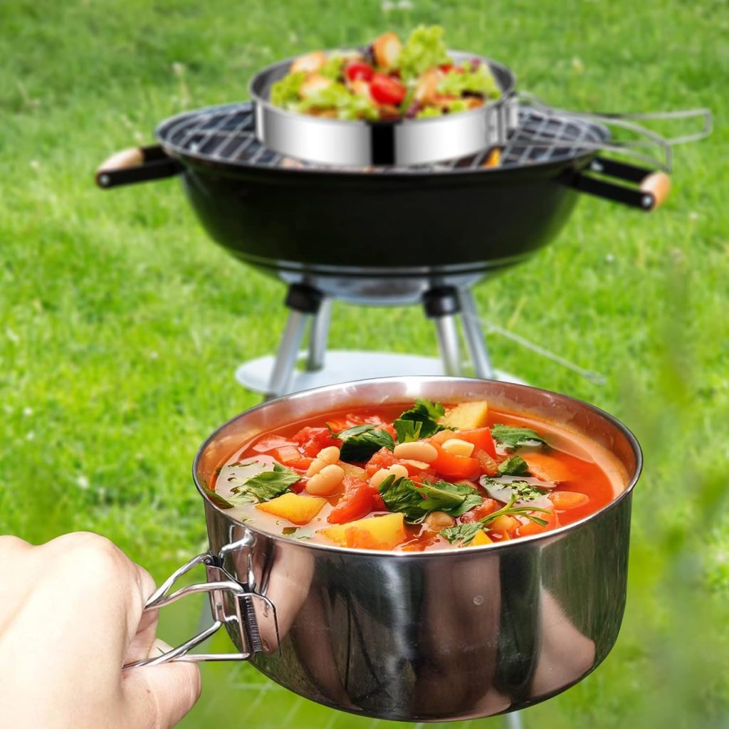 Bebochoi 4-Piece Outdoor Crockery Set, Cooking Pot Camping Cookware Set Made of 304 Stainless Steel, Foldable and Stackable Camping Pot Set, Outdoor, for Picnic, Camping, Hiking