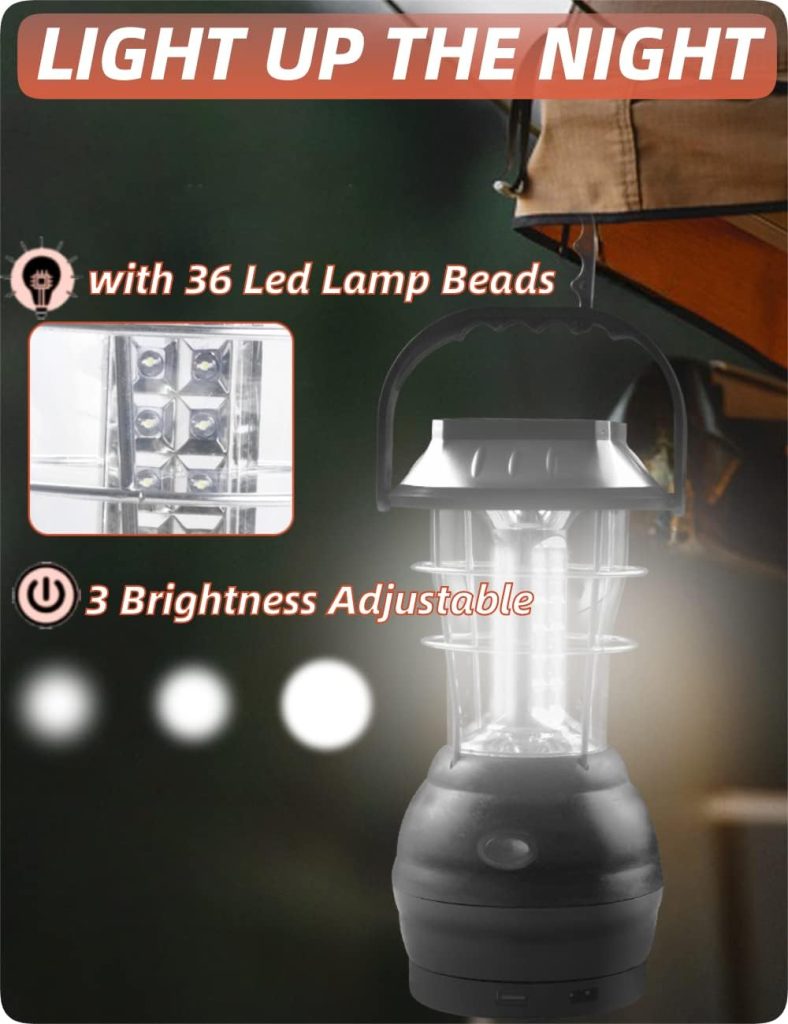 BLOOOK LED Camping Lamp Solar, 5 Modes Hand Crank Emergency Light Crank Lamps, 36 LED Rechargeable Camping Light Emergency Light - Camping Equipment for Hiking, Emergency, SOS, Failures