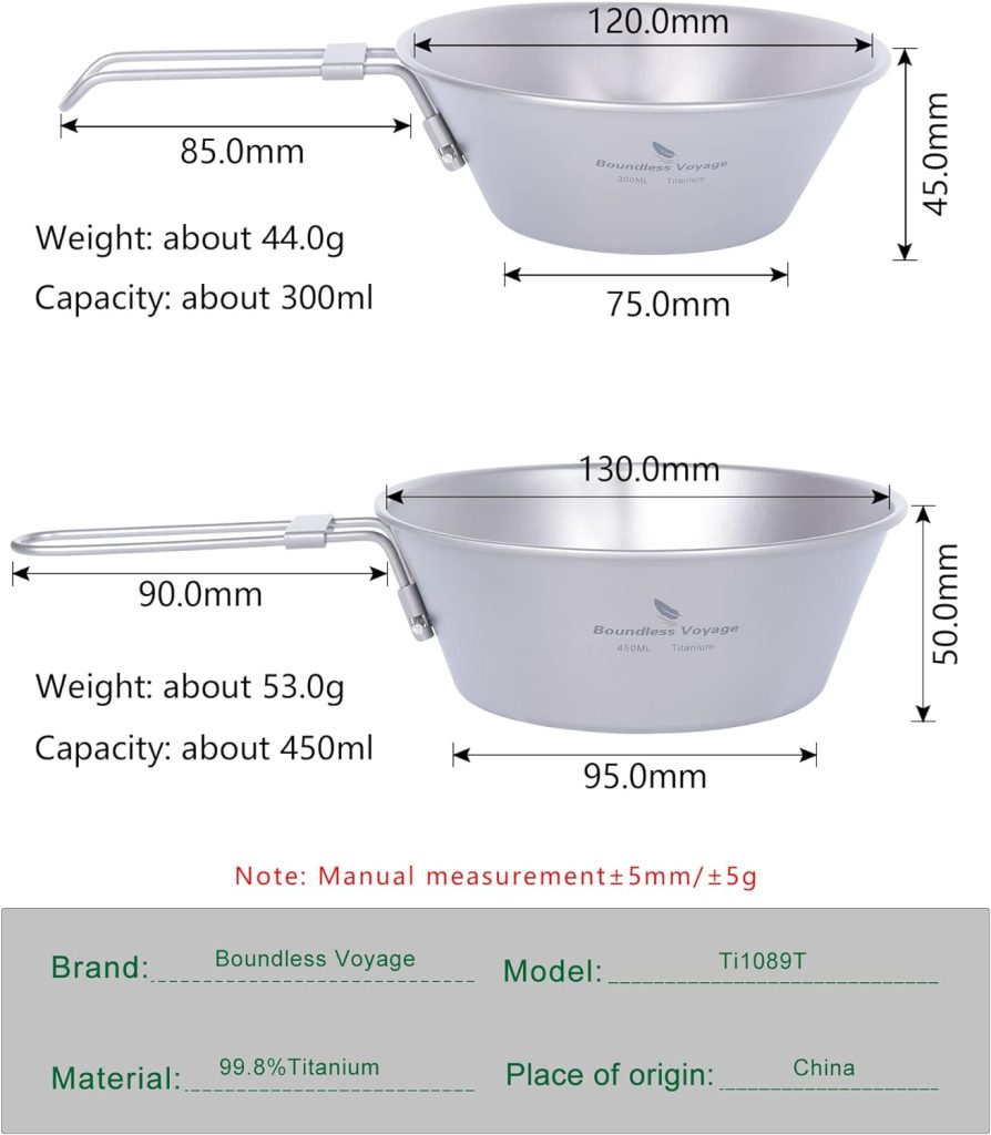 Boundless Voyage Titanium Sierra Cup Bowl with Folding Handle Outdoor Camping Hiking Portable Tableware 300ml 450ml