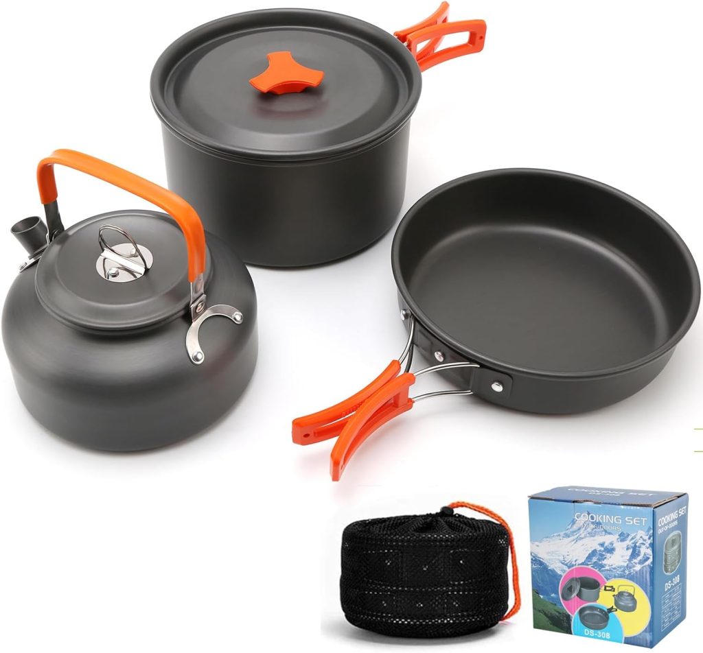 Camping Cookware Kit for 2-3 People, Non-Stick Camping Cooking Set with Kettle, Portable Backpacking Pot and Pan Set, Aluminum Lightweight Camping Cooking Set for Outdoor, Fishing, Hiking, Picnic