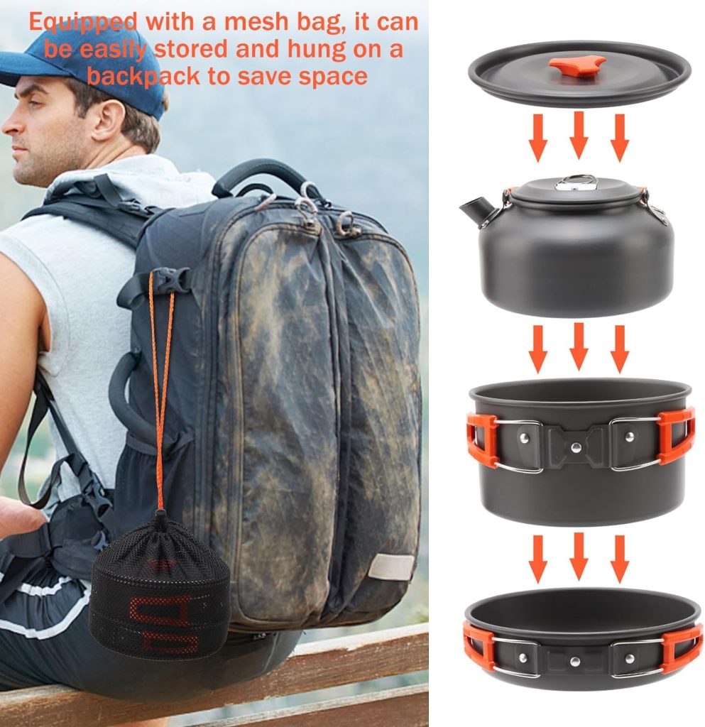 Camping Cookware Kit for 2-3 People, Non-Stick Camping Cooking Set with Kettle, Portable Backpacking Pot and Pan Set, Aluminum Lightweight Camping Cooking Set for Outdoor, Fishing, Hiking, Picnic