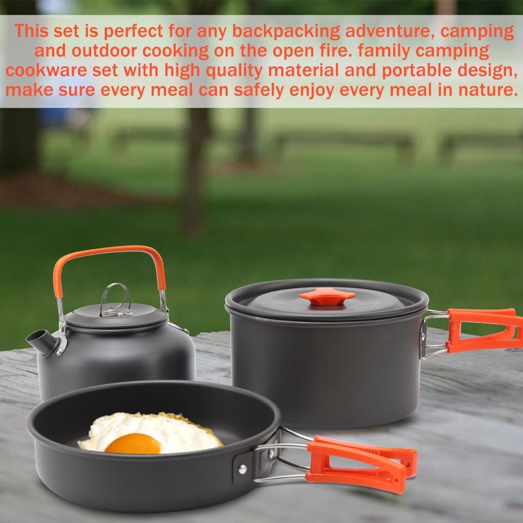 Camping Cookware Kit for 2-3 People, Non-Stick Camping Cooking Set with Kettle, Portable Backpacking Pot and Pan Set, Aluminum Lightweight Camping Cooking Set for Outdoor, Fishing, Hiking, Picnic