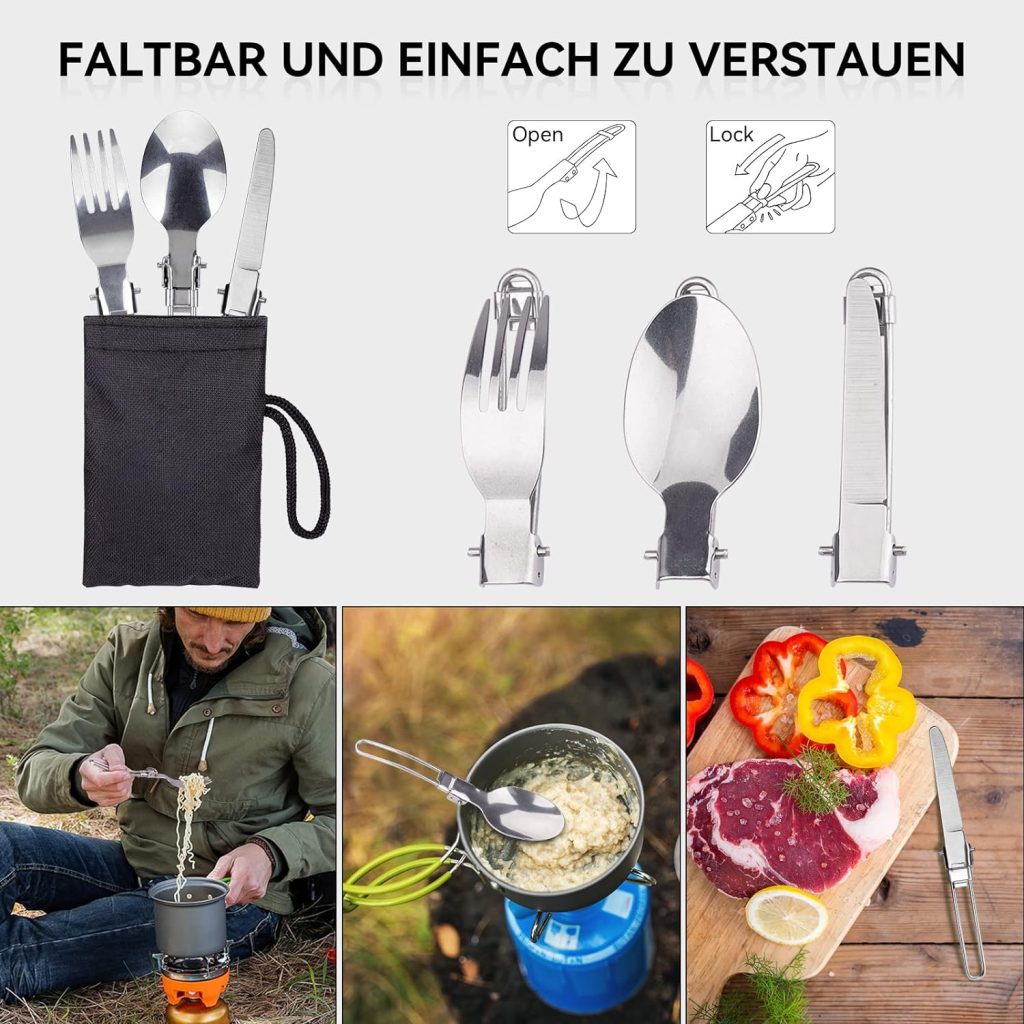 Camping Cookware Set, Camping Pot Made of Aluminium, Outdoor Cookware with Foldable Cutlery, Camping Tableware for 2 People, Camping Tableware for Hiking, Fishing, Picnic, FDA Certified