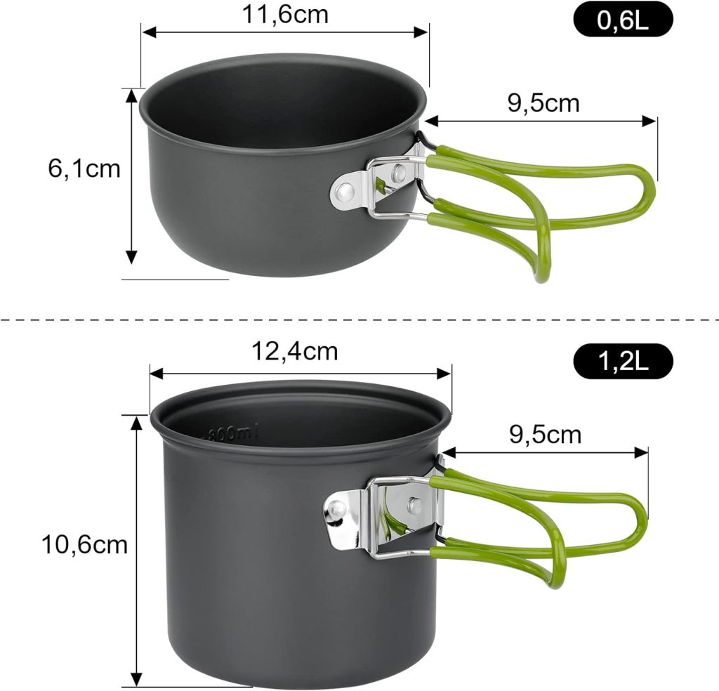 Camping Cookware Set, Camping Pot Made of Aluminium, Outdoor Cookware with Foldable Cutlery, Camping Tableware for 2 People, Camping Tableware for Hiking, Fishing, Picnic, FDA Certified