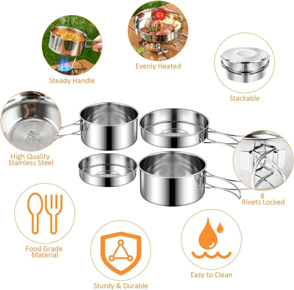 Camping Crockery Set, Camping Cookware Set, Outdoor Tableware Set, Stainless Steel, Cooking Pot Camping, Cookware Set, Foldable Camping Cooking Pot for Camping, Hiking, Picnic