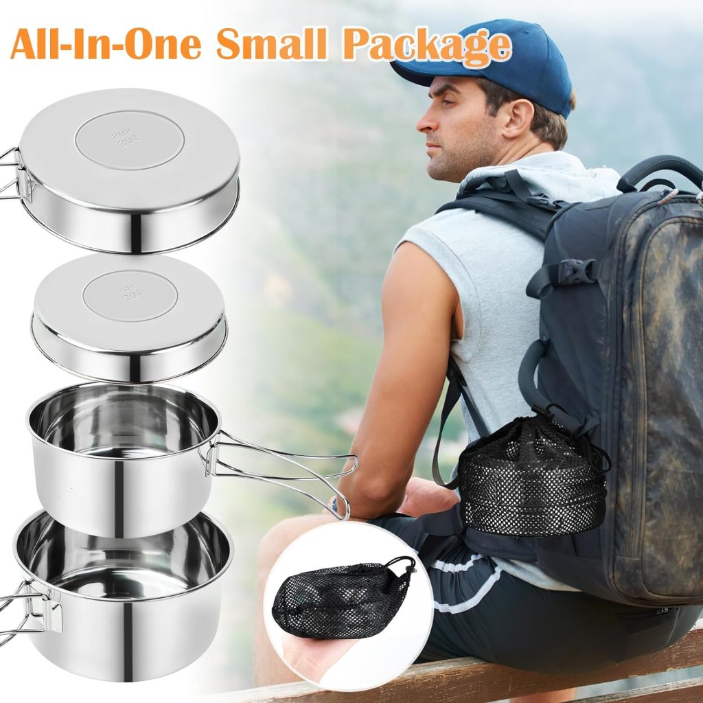 Camping Crockery Set, Camping Cookware Set, Outdoor Tableware Set, Stainless Steel, Cooking Pot Camping, Cookware Set, Foldable Camping Cooking Pot for Camping, Hiking, Picnic