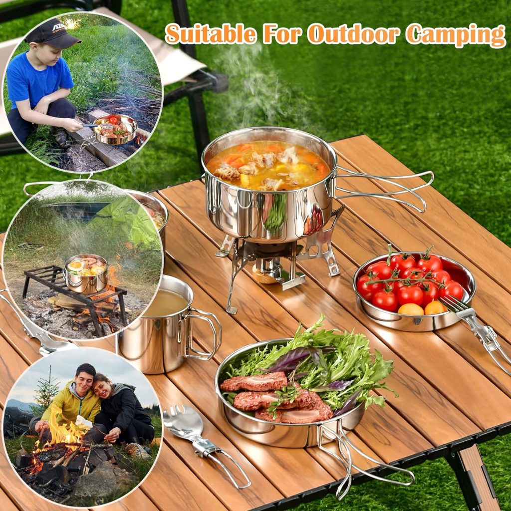 Camping Crockery Set, Camping Cookware Set, Outdoor Tableware Set, Stainless Steel, Cooking Pot Camping, Cookware Set, Foldable Camping Cooking Pot for Camping, Hiking, Picnic