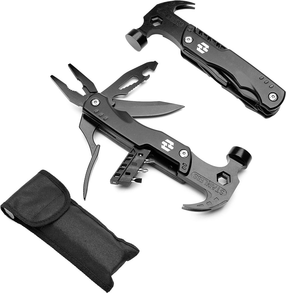 Camping Hammer Multitool, Survival Gear - 12 In 1 Stainless Steel, Portable, Safety Locking Camping Accessories with Durable Sheath - Compact Multi Tool For Outdoor by Hayvenhurst