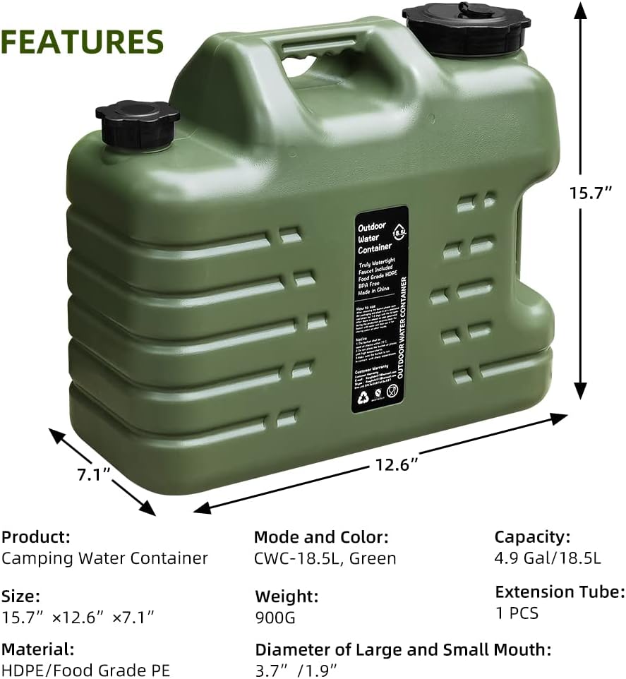 Camping Water Containers, Zciuyo Portable Water Tank Storage with Spigot, 5 Gallon BPA Free Military Green Large Bucket Emergency Water Cube for Hiking BBQ Gear Survival Supplies Carrier Jugs Kit