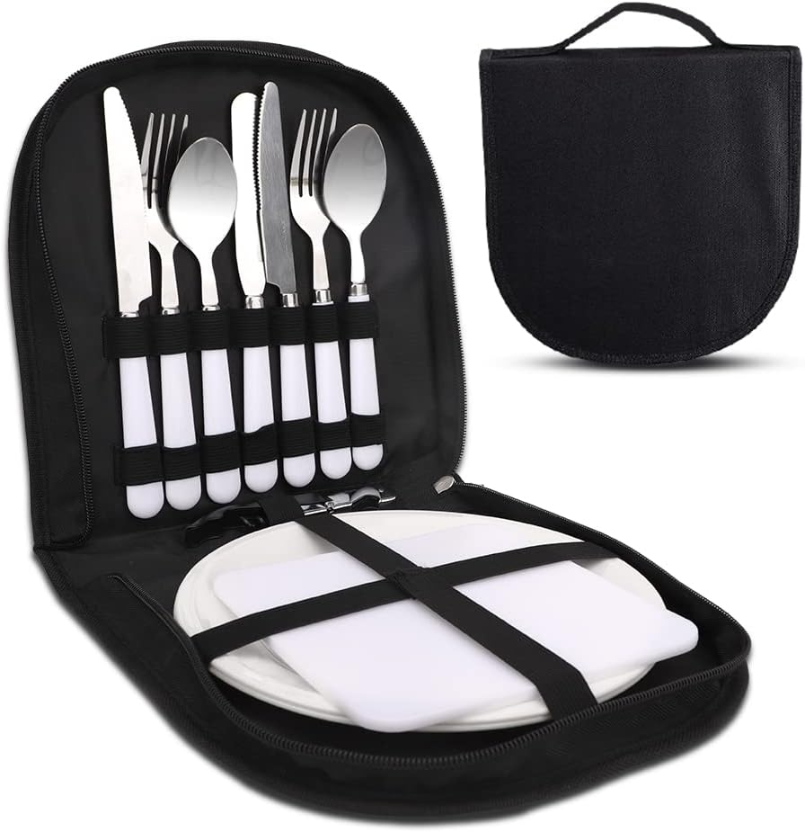 CEWROM Camping Cutlery Set for 2, Camping Tableware Set 2 People Stainless Steel Forks Spoon Knife Bottle Opener Plate Portable Camping Cutlery Set with Zipper Case for Hiking Camping (Black)