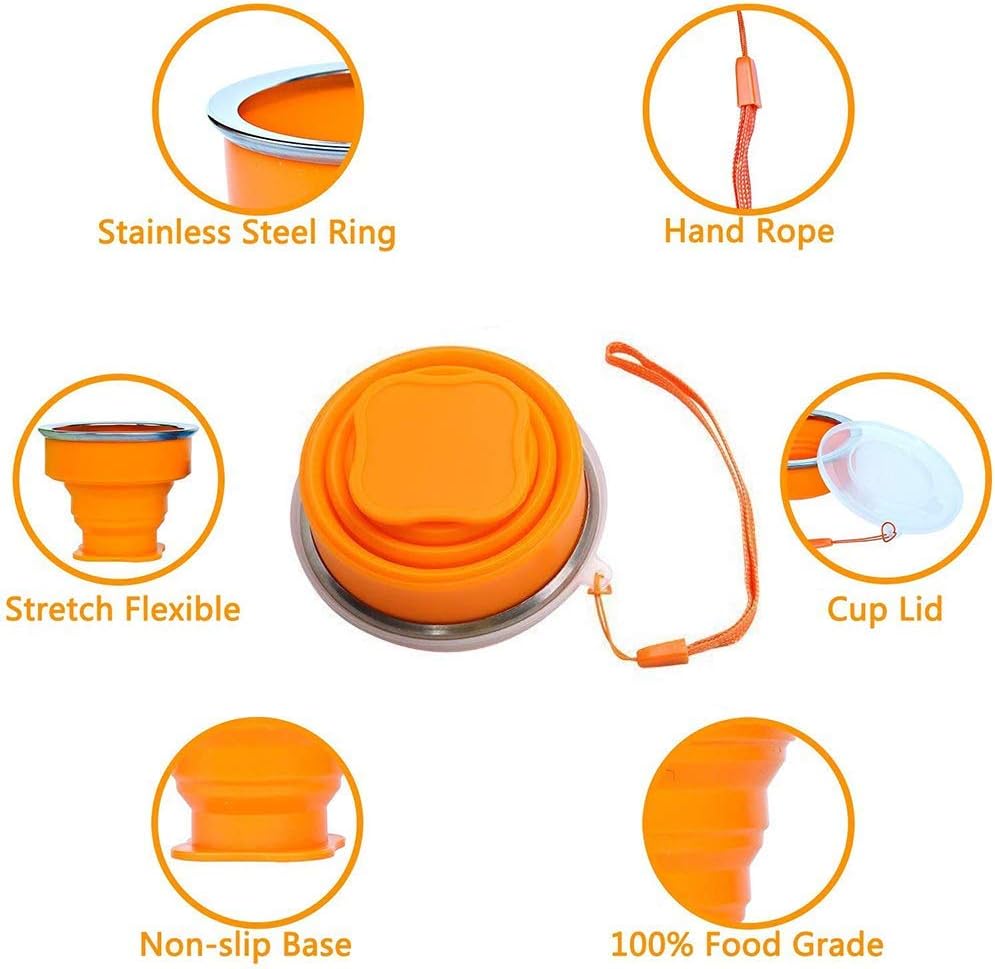 Collapsible Travel Cup, 6 Piece Collapsible Silicone Cup with Lid, Expandable Drinking Glasses Set, Reusable Cup, Suitable for Camping and Hiking