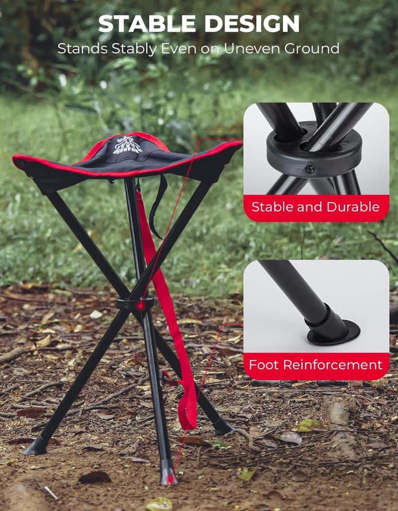 DEERFAMY Folding Camping Tripod Stools, Portable 3 Legs Tall Slacker Chair Tripod Seat for Outdoor Hiking Hunting Fishing Picnic Travel Beach BBQ Garden Lawn with Storage Bag, Red