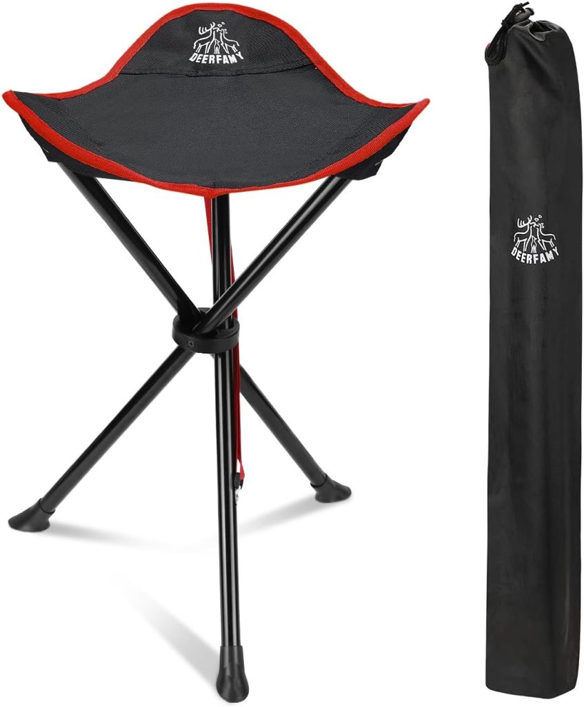 DEERFAMY Folding Camping Tripod Stools, Portable 3 Legs Tall Slacker Chair Tripod Seat for Outdoor Hiking Hunting Fishing Picnic Travel Beach BBQ Garden Lawn with Storage Bag, Red