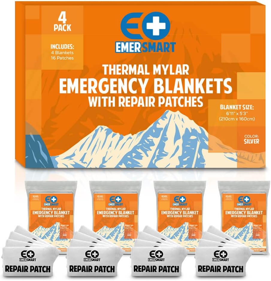 Emergency Blankets for Survival | [Set of 4] 83x63 Mylar Blankets w/ 16 Repair Patches | Compact Emergency Thermal Blanket | Space Blanket for Survival Gear, Hiking,  More | Emergency Blanket …