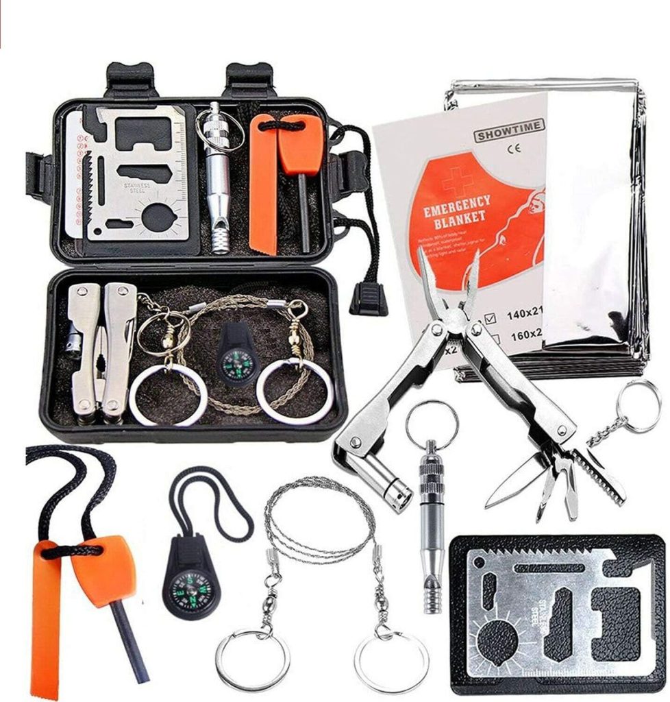 EZONEDEAL Emergency Outdoor Survival Kit, 9-In-1 Compact Outdoor Survival Gear Kits Portable EDC Emergency Safety Survival Equipment Tools Set with Gift Box for Camping Hiking Hunting Climbing Travelling or Wilderness Adventures