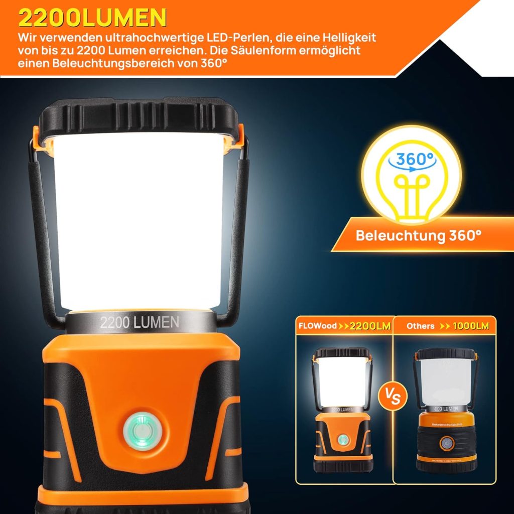 FLOWood 2200 Lumens Super Bright Camping Lamp Rechargeable 6000 mAh Battery LED Camping Lantern, IP54 Camping Lamps, 4 Light Modes, Dimmable Emergency Equipment, Power Failure, Camping Light, Tent Lamp for Hiking