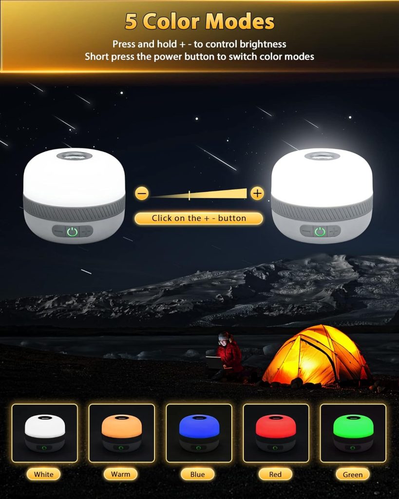 FLOWood LED Camping Lamp, Rechargeable RGB Colour Changing, 5200 mAh Battery LED Camping Lantern, IPX4 Camping Lamps, 15 Light Modes, Emergency Equipment, Power Outage, Camping Light, Tent Lamp for Picnic, Hiking