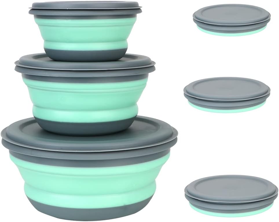 Foldable Bowl, Pack of 3, Green Silicone Portable Foldable Bowl, Camping Food Storage Boxes, Round Food Storage Container for Camping, Hiking, Kitchen, School, Outdoors