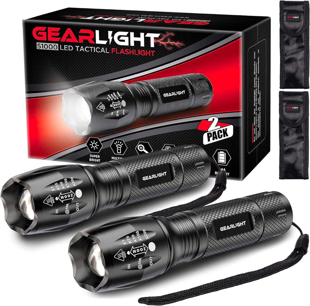 GearLight 2pack S1000 LED Flashlights High Lumens - Mini Flashlights for Camping, Hiking, Walking - Powerful Emergency Flashlights with 5 Modes for Outdoor Use - Bright Flashlight with Zoomable Beam