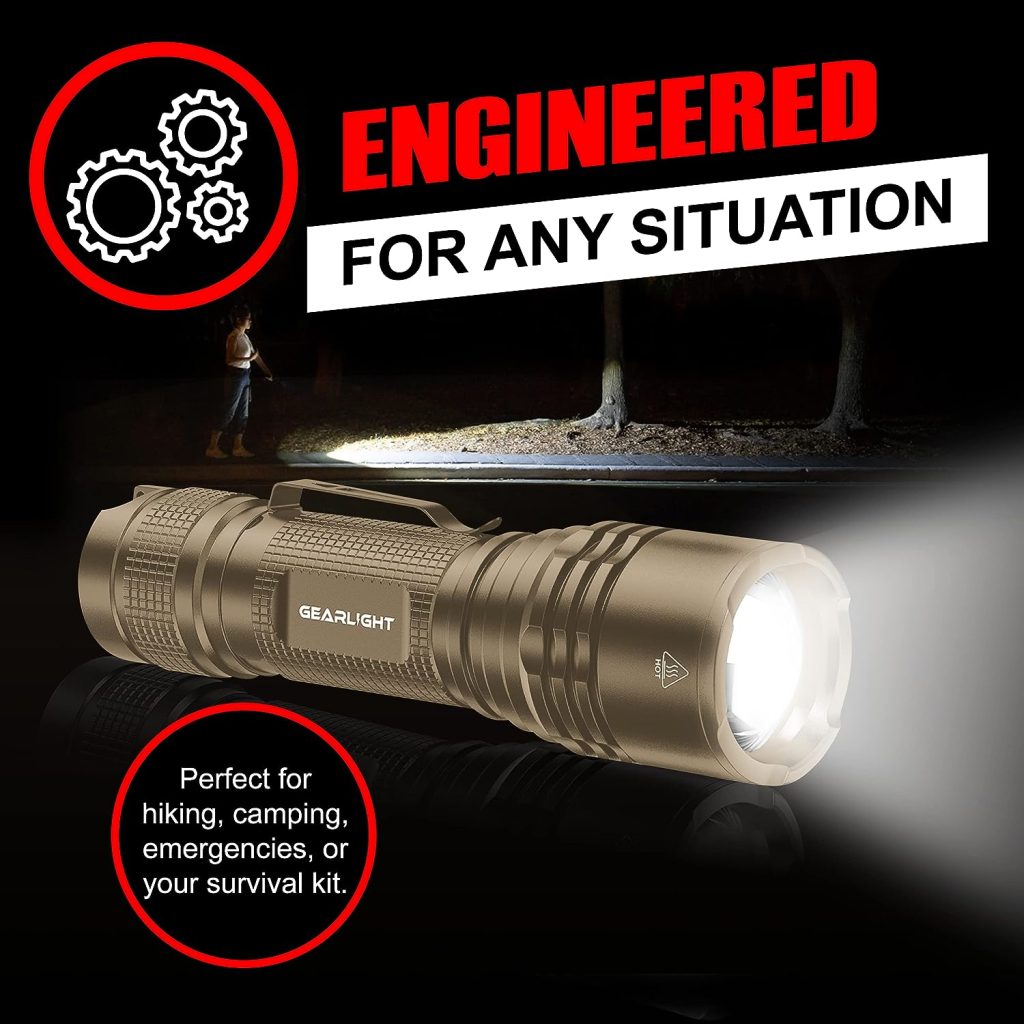 GearLight TAC LED Flashlight Pack - 2 Super Bright, Compact Tactical Flashlights with High Lumens for Outdoor Activity  Emergency Use - Gifts for Men  Women - Desert Tan