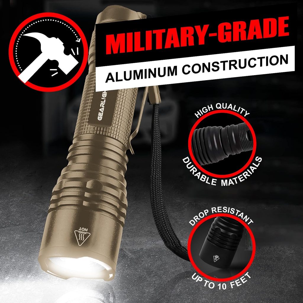 GearLight TAC LED Flashlight Pack - 2 Super Bright, Compact Tactical Flashlights with High Lumens for Outdoor Activity  Emergency Use - Gifts for Men  Women - Desert Tan