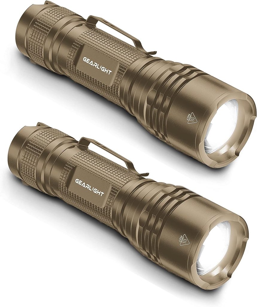 GearLight TAC LED Flashlight Pack - 2 Super Bright, Compact Tactical Flashlights with High Lumens for Outdoor Activity  Emergency Use - Gifts for Men  Women - Desert Tan