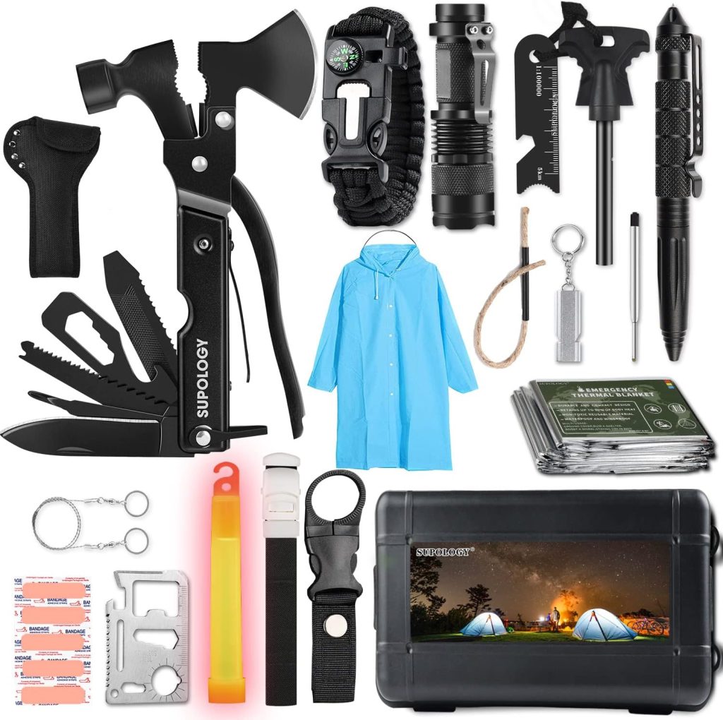 Gifts for Men Dad Husband Father Boyfriend, Survival Gear and Equipment, Multi-purpose Emergency Tool Outdoor Kits with Raincoat Multitool Tactical Pen, Cool Gadgets for Camping Fishing Hunting Hiking