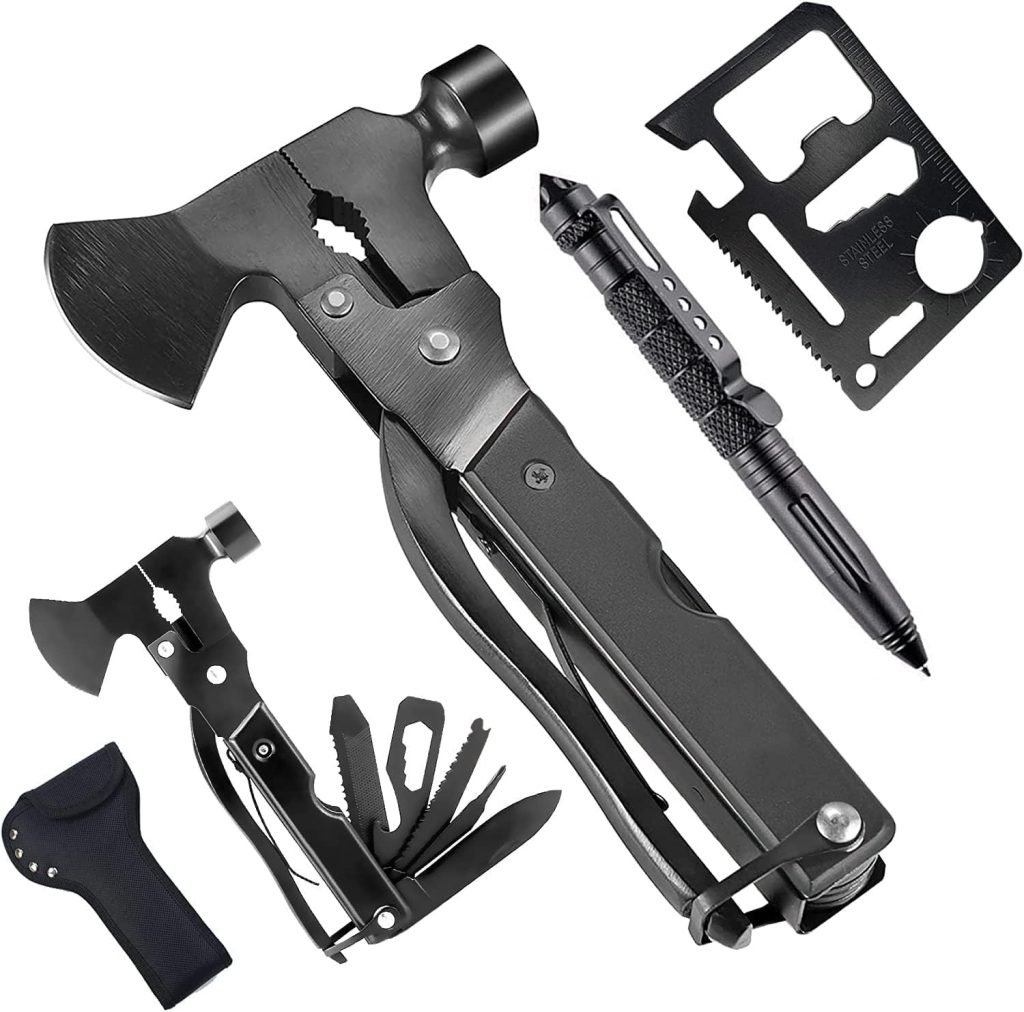 Gifts for Men Him Dad Husband 15 in 1 Multitool Hatchet Saw Hammer Pliers Screwdrivers Multitool Card Pen Camping Accessories Camping Axe Survival Gear Cool Gadgets for Hiking Hunting Birthday