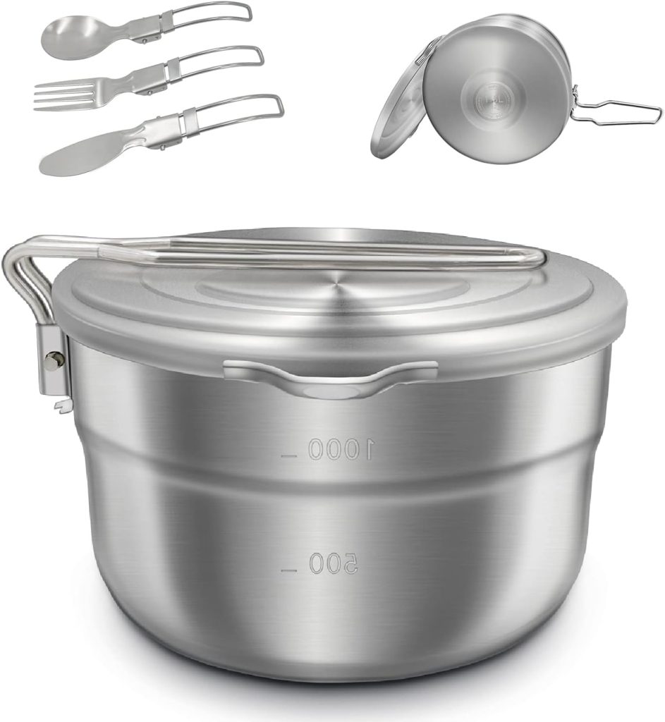 Homkuo Camping Cookware, Stainless Steel Camping Pot Outdoor Crockery Cooking Pot 1.5 L Camping Pot Camping Tableware Set with Lid and Foldable Cutlery for Camping Hiking Picnic