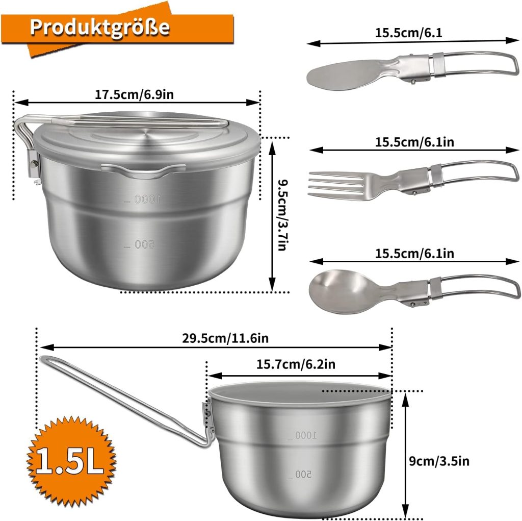 Homkuo Camping Cookware, Stainless Steel Camping Pot Outdoor Crockery Cooking Pot 1.5 L Camping Pot Camping Tableware Set with Lid and Foldable Cutlery for Camping Hiking Picnic