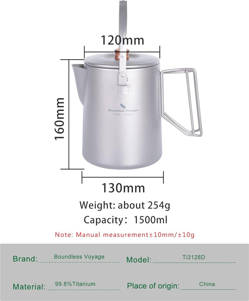 iBasingo 1500ml Titanium Kettle Camping Coffee Mug Tea Pot Campfire Barista Kettle Coffee Maker Outdoor Traveling Picnic Hiking Garden Campfire Stovetop Fast Brew Kettle Mug Ti3128D