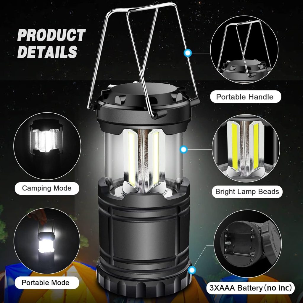 ILEEDear Camping Lamp, Battery Operated, Portable Ultra Bright LED Lantern, Foldable Camping Hanging Lamp, Survival Kit, for Hiking, Camping, Emergency Equipment, Power Failure etc. Pack of 2