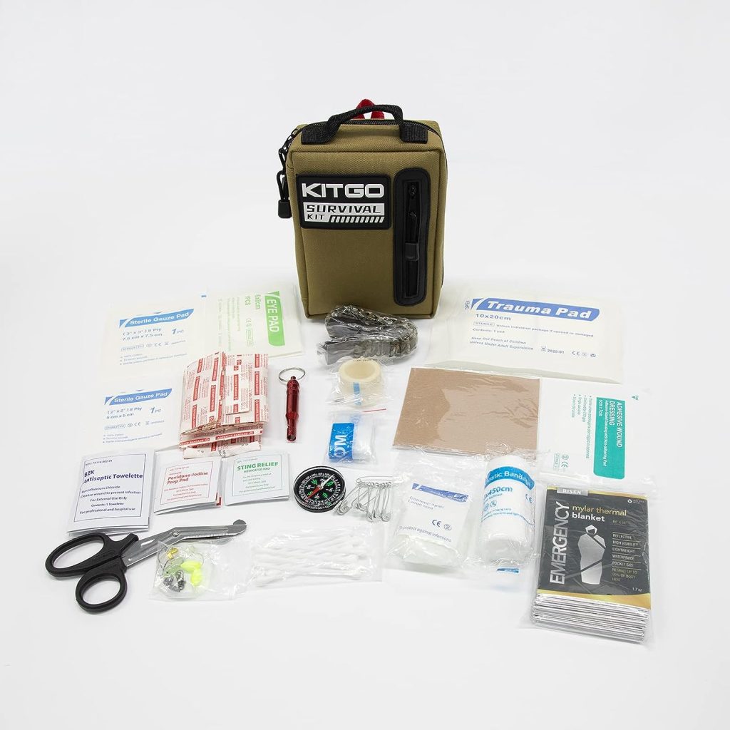 Kitgo Outdoor Survival First Aid Kit 101 Piece Professional Emergency Survival Gear Tool for Hunting Hiking Camping Outdoor Adventure Fishing Travel Home Office Military Tropical Storms (Khaki)