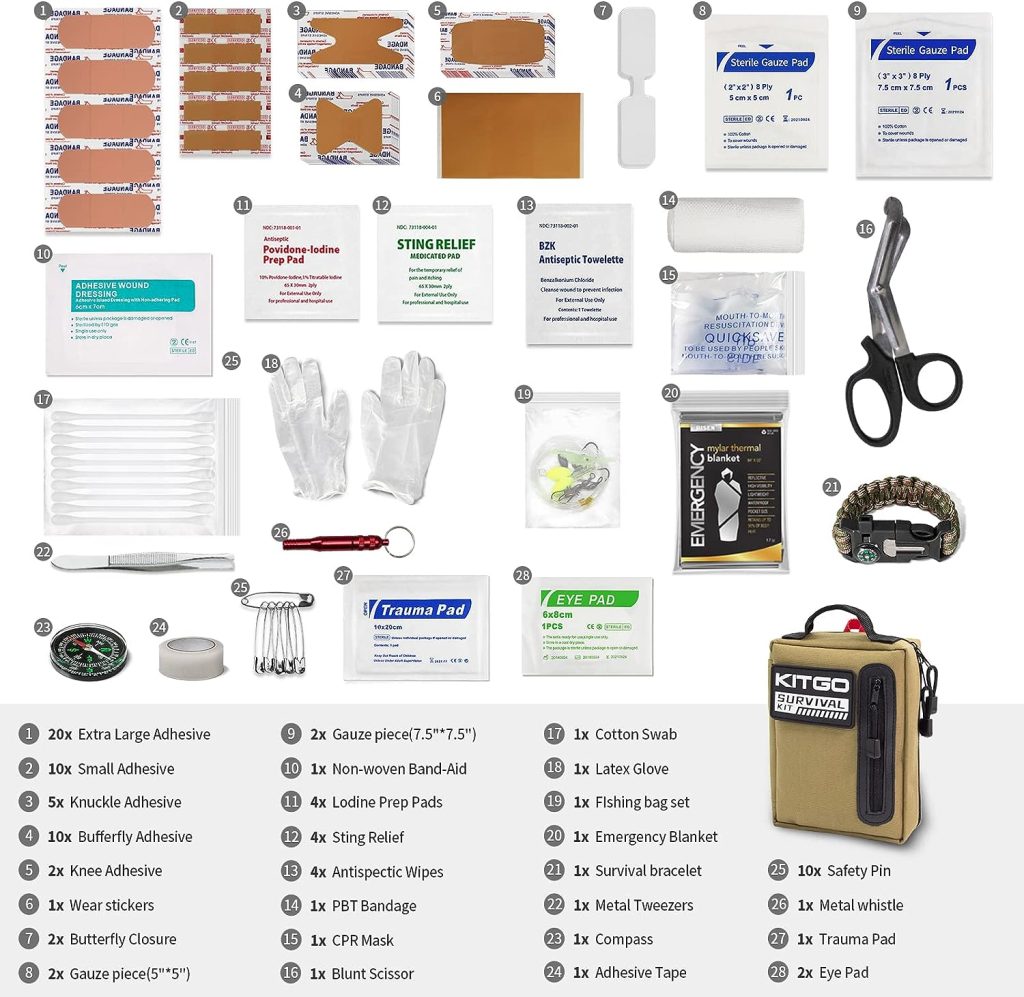 Kitgo Outdoor Survival First Aid Kit 101 Piece Professional Emergency Survival Gear Tool for Hunting Hiking Camping Outdoor Adventure Fishing Travel Home Office Military Tropical Storms (Khaki)